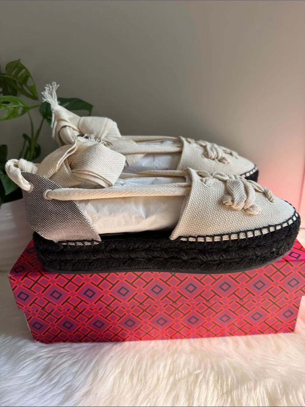 Tory Burch Black/Natural Ankle Wrap Woven Double T Espadrille